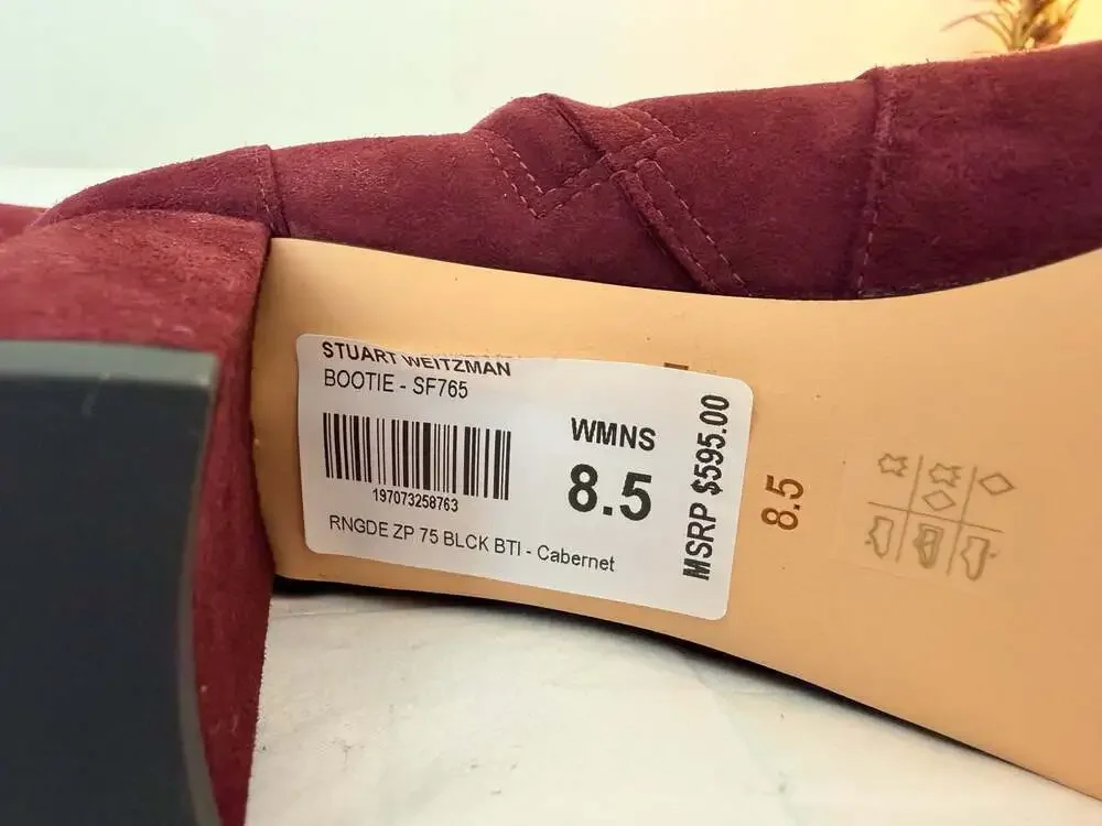 Stuart Weitzman Renegade 75 Cabernet Suede Block Heel Ankle Booties Size 8.5